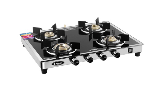 Cooktop Marvel – 4 Burner Gas Stove | Mirror Glass, SS Frame with 40mm Drip Tray | Round Pan Support | Brass Top, Manual Ignition, LPG Compatible (SPARK RO – 4407)