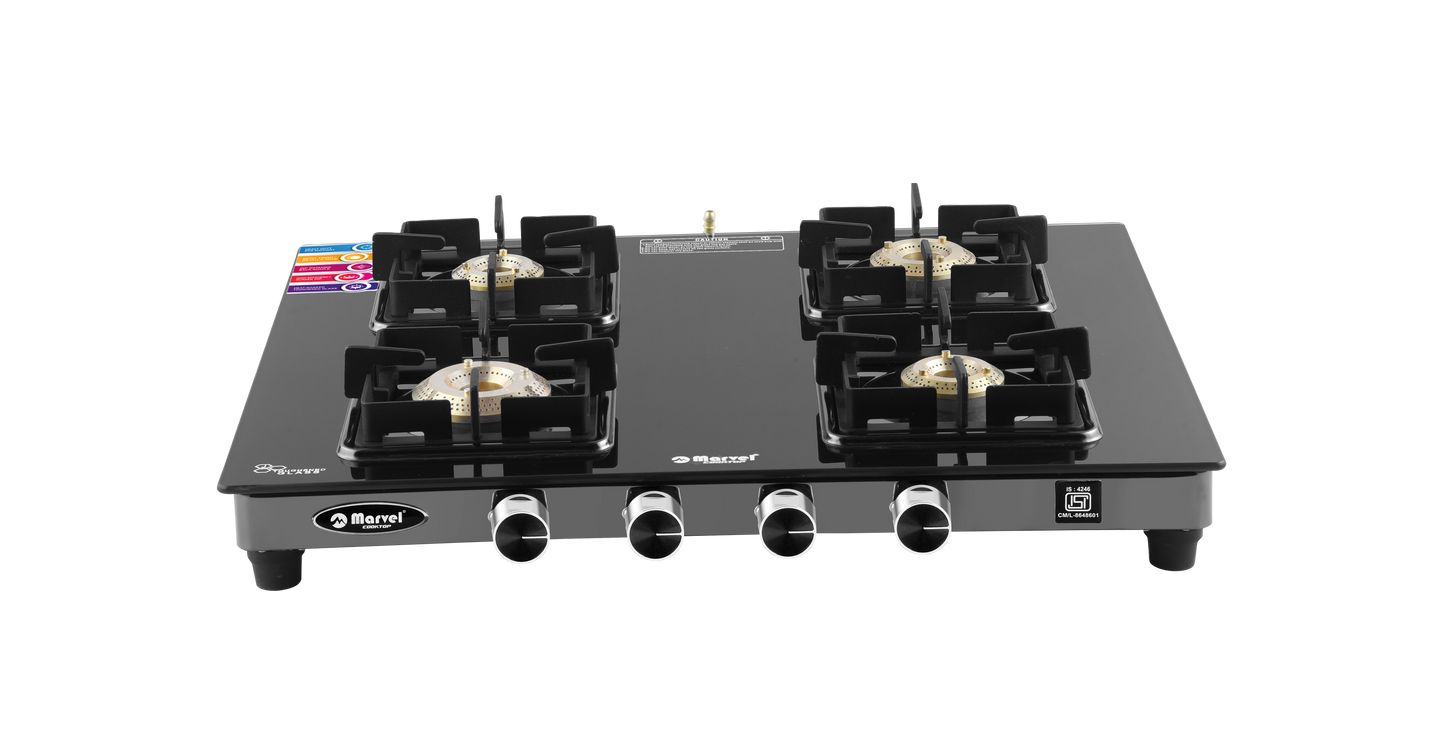 Cooktop Marvel – 4 Burner Premium Gas Stove | Crystal Black Glass, Black SS Mirror Frame, Square Pan Support | Brass Top, Manual Ignition, LPG Compatible (DOOM – 4502)