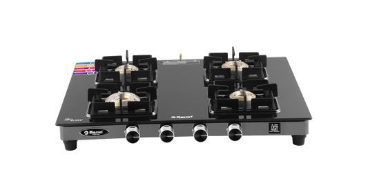 Cooktop Marvel – 4 Burner Premium Gas Stove | Crystal Black Glass, Black SS Mirror Frame, Square Pan Support | Brass Top, Manual Ignition, LPG Compatible (DOOM – 4502)