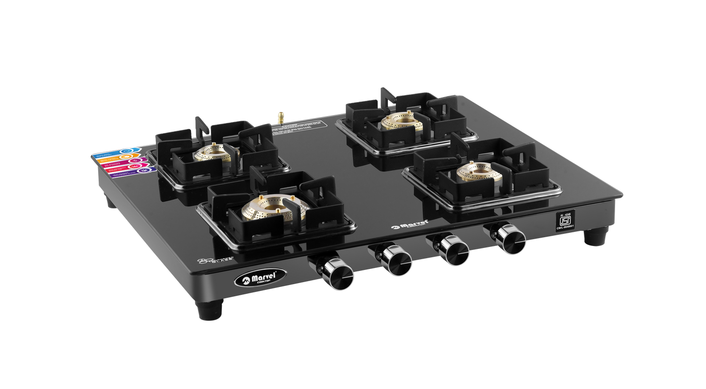Cooktop Marvel – 4 Burner Premium Gas Stove | Crystal Black Glass, Black SS Mirror Frame, Square Pan Support | Brass Top, Manual Ignition, LPG Compatible (DOOM – 4502)