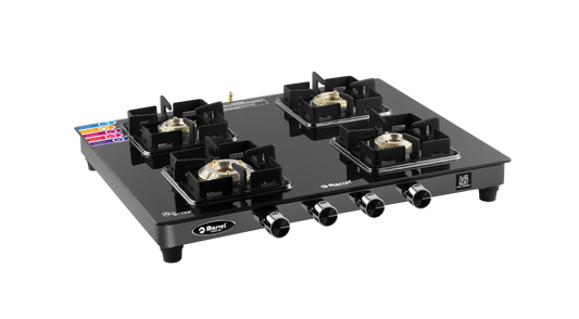 Cooktop Marvel – 4 Burner Premium Gas Stove | Crystal Black Glass, Black SS Mirror Frame, Square Pan Support | Brass Top, Manual Ignition, LPG Compatible (DOOM – 4502)