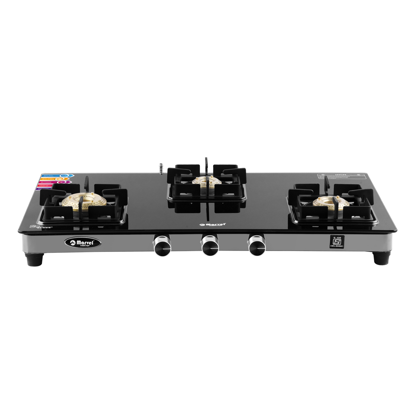 Cooktop Marvel – 3 Burner Premium Glass LPG Gas Stove | Crystal Black Glass, Black SS Mirror Frame, Square Pan Support | Brass Top (DOOM – 3502)