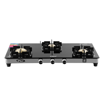 Cooktop Marvel – 3 Burner Premium Glass LPG Gas Stove | Crystal Black Glass, Black SS Mirror Frame, Square Pan Support | Brass Top (DOOM – 3502)