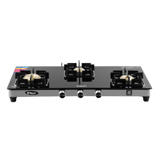 Cooktop Marvel – 3 Burner Premium Glass LPG Gas Stove | Crystal Black Glass, Black SS Mirror Frame, Square Pan Support | Brass Top (DOOM – 3502)