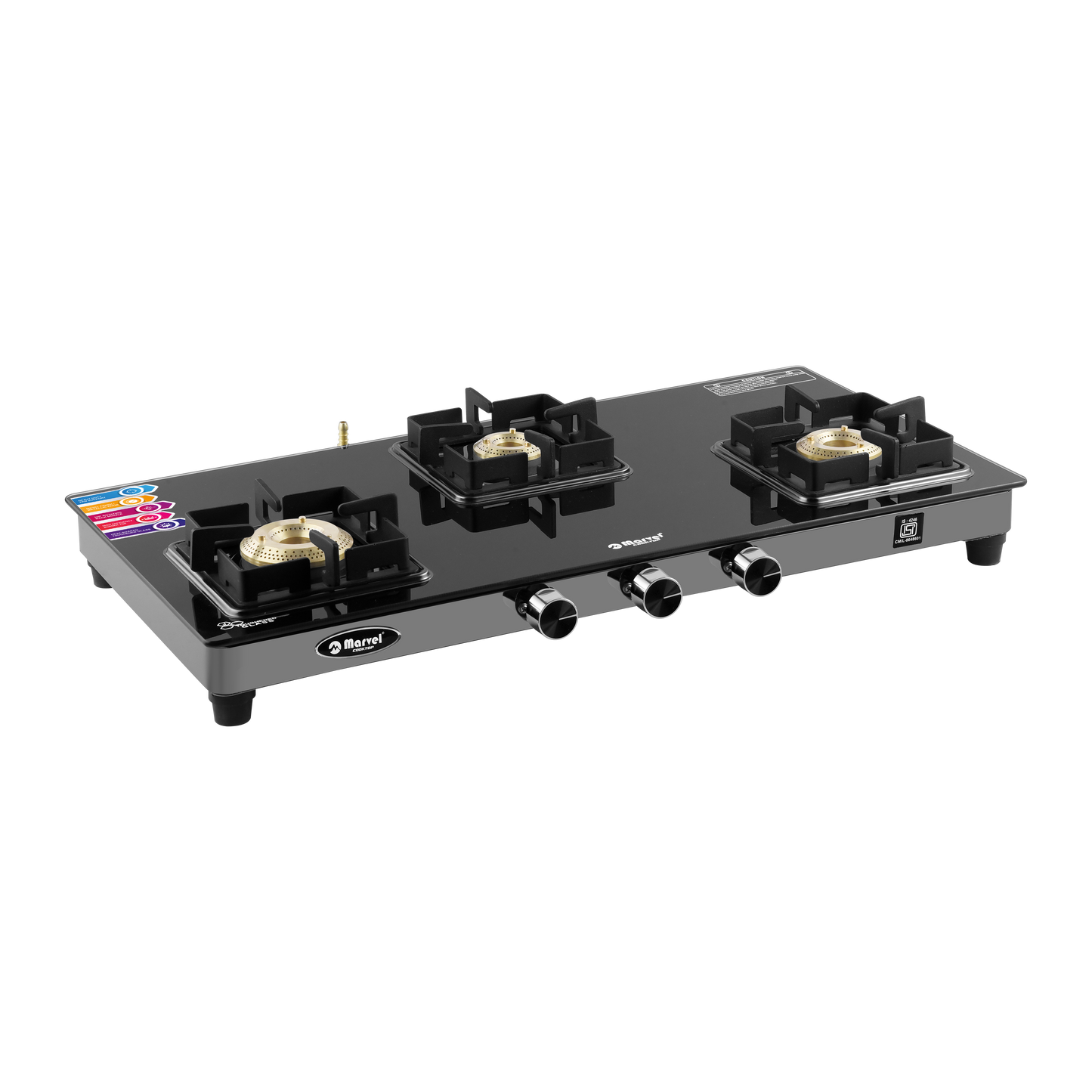 Cooktop Marvel – 3 Burner Premium Glass LPG Gas Stove | Crystal Black Glass, Black SS Mirror Frame, Square Pan Support | Brass Top (DOOM – 3502)