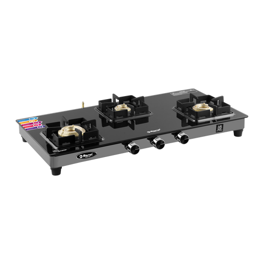 Cooktop Marvel – 3 Burner Premium Glass LPG Gas Stove | Crystal Black Glass, Black SS Mirror Frame, Square Pan Support | Brass Top (DOOM – 3502)