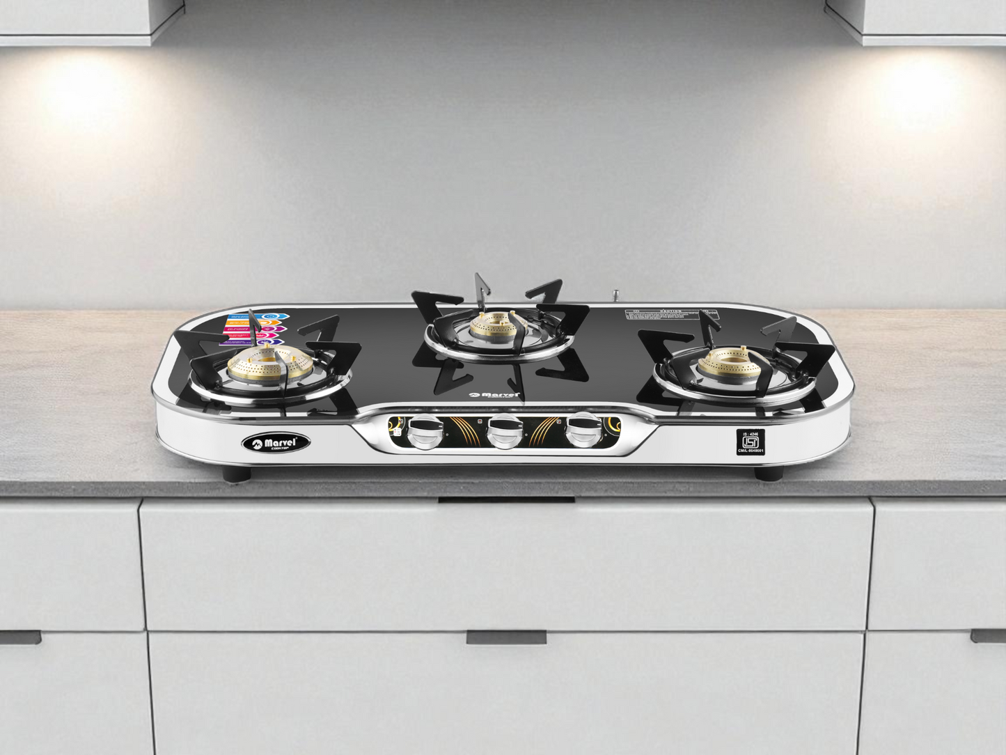 Cooktop Marvel – 3 Burner Side Mirror Glass LPG Stove with Silver SS Frame, Plus Body Frame – HEXAGON (3606)