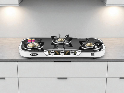 Cooktop Marvel – 3 Burner Side Mirror Glass LPG Stove with Silver SS Frame, Plus Body Frame – HEXAGON (3606)