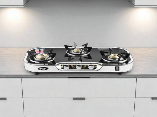 Cooktop Marvel – 3 Burner Side Mirror Glass LPG Stove with Silver SS Frame, Plus Body Frame – HEXAGON (3606)