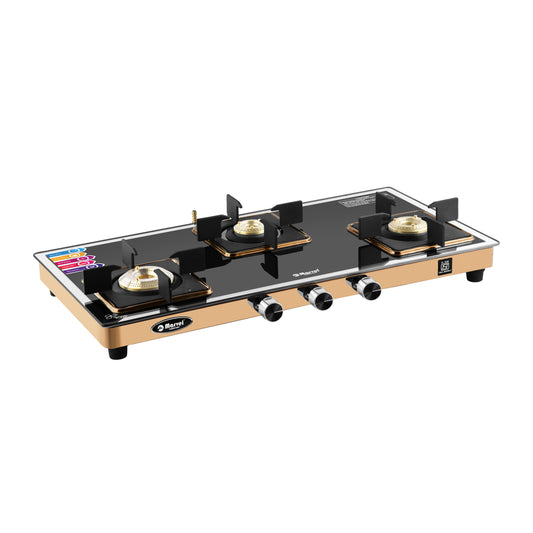 Cooktop Marvel – 3 Burner Premium LPG Gas Stove | Side Mirror Glass, Rose Gold SS Mirror Frame, Square Pan Support | Brass Top (WEGO – 3501)