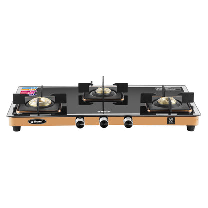 Cooktop Marvel – 3 Burner Premium LPG Gas Stove | Side Mirror Glass, Rose Gold SS Mirror Frame, Square Pan Support | Brass Top (WEGO – 3501)