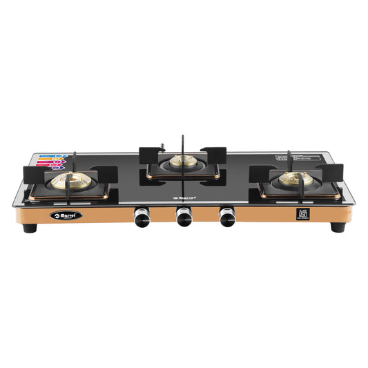 Cooktop Marvel – 3 Burner Premium LPG Gas Stove | Side Mirror Glass, Rose Gold SS Mirror Frame, Square Pan Support | Brass Top (WEGO – 3501)