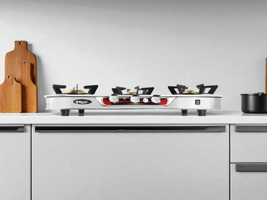 Cooktop Marvel – 3 Burner Side Mirror Glass LPG Stove with Silver SS Frame, Plus Body Frame – HEXAGON (3606)