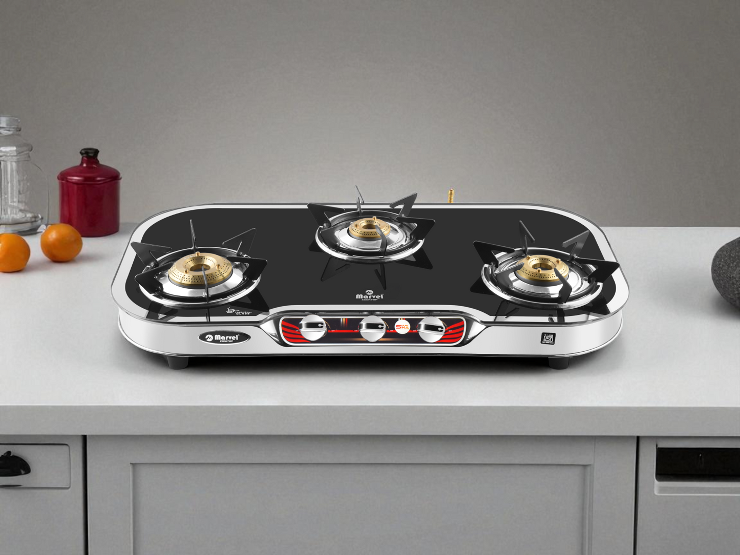 Cooktop Marvel – 3 Burner Side Mirror Glass LPG Stove with Silver SS Frame, Plus Body Frame – HEXAGON (3606)