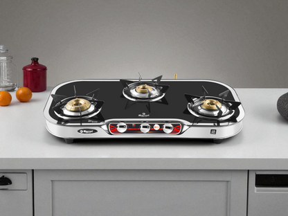 Cooktop Marvel – 3 Burner Side Mirror Glass LPG Stove with Silver SS Frame, Plus Body Frame – HEXAGON (3606)