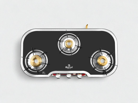 Cooktop Marvel – 3 Burner Side Mirror Glass LPG Stove with Silver SS Frame, Plus Body Frame – HEXAGON (3606)