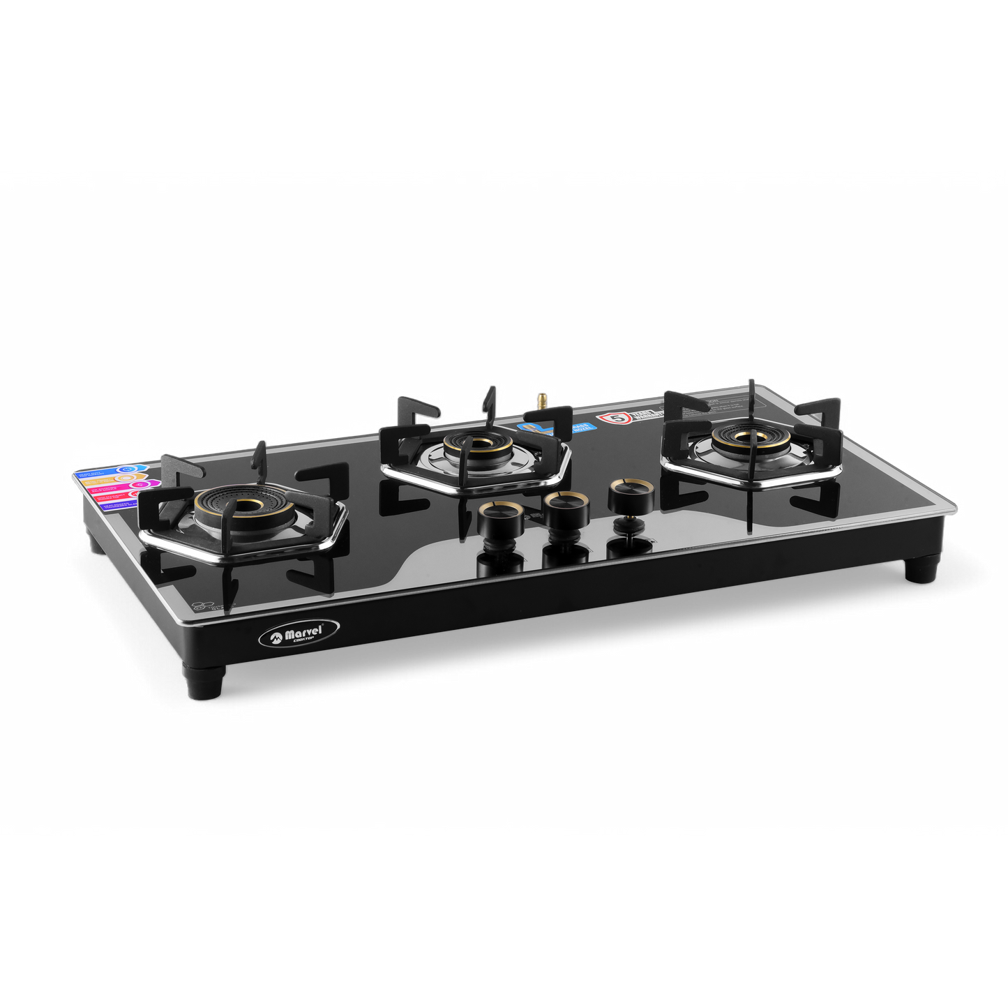 Cooktop Marvel – 3 Burner Hob Top Glass Gas Stove | Elite Mirror Glass, Hexa Pan Support | Brass Burner, Manual Ignition, LPG Compatible (OMEGA – 3702)