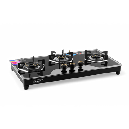 Cooktop Marvel – 3 Burner Hob Top Glass Gas Stove | Elite Mirror Glass, Hexa Pan Support | Brass Burner, Manual Ignition, LPG Compatible (OMEGA – 3702)