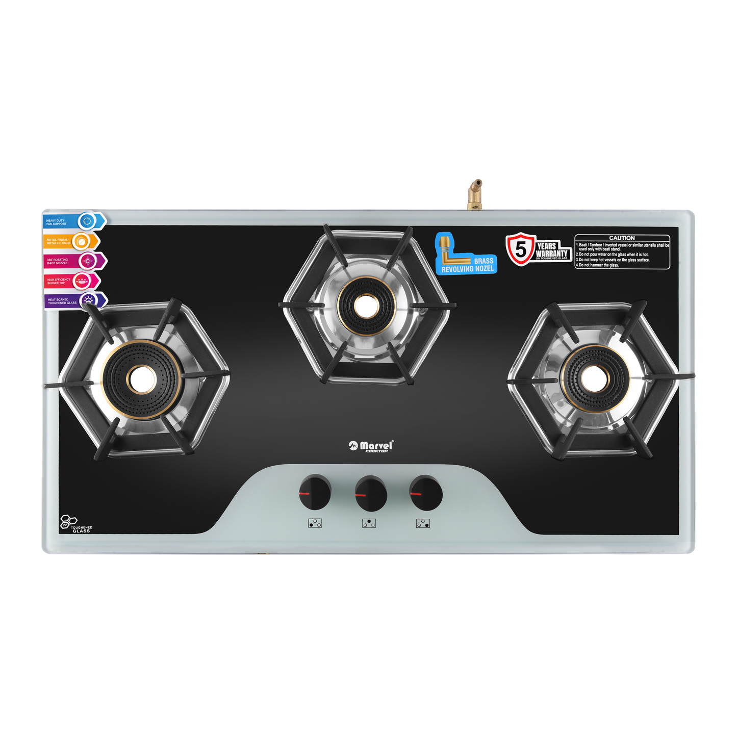 Cooktop Marvel – 3 Burner Hob Top Glass Gas Stove | Elite B&W Glass, Hexa Pan Support | 6G Brass Burner, Manual Ignition, LPG Compatible (OSBORN – 3701)