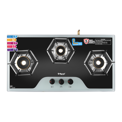 Cooktop Marvel – 3 Burner Hob Top Glass Gas Stove | Elite B&W Glass, Hexa Pan Support | 6G Brass Burner, Manual Ignition, LPG Compatible (OSBORN – 3701)
