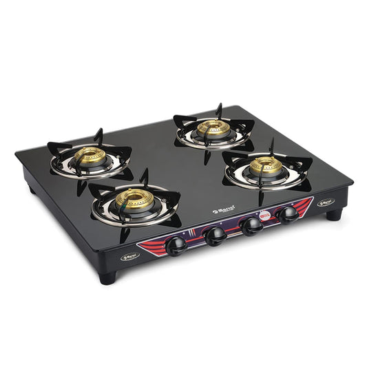 Catlyn - 4 Burner Gas Stove | Crystal Black Glass, MS Frame | Regular Brass Burner | Manual Ignition, LPG Compatible (PHASTOS MS - 4402)