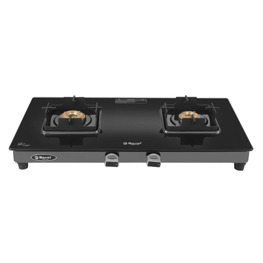 Cooktop Marvel – 2 Burner Crystal Black Glass Gas Stove with Black SS Mirror Finish Frame, Square Pan Support, Brass Top (DOOM - 2502)