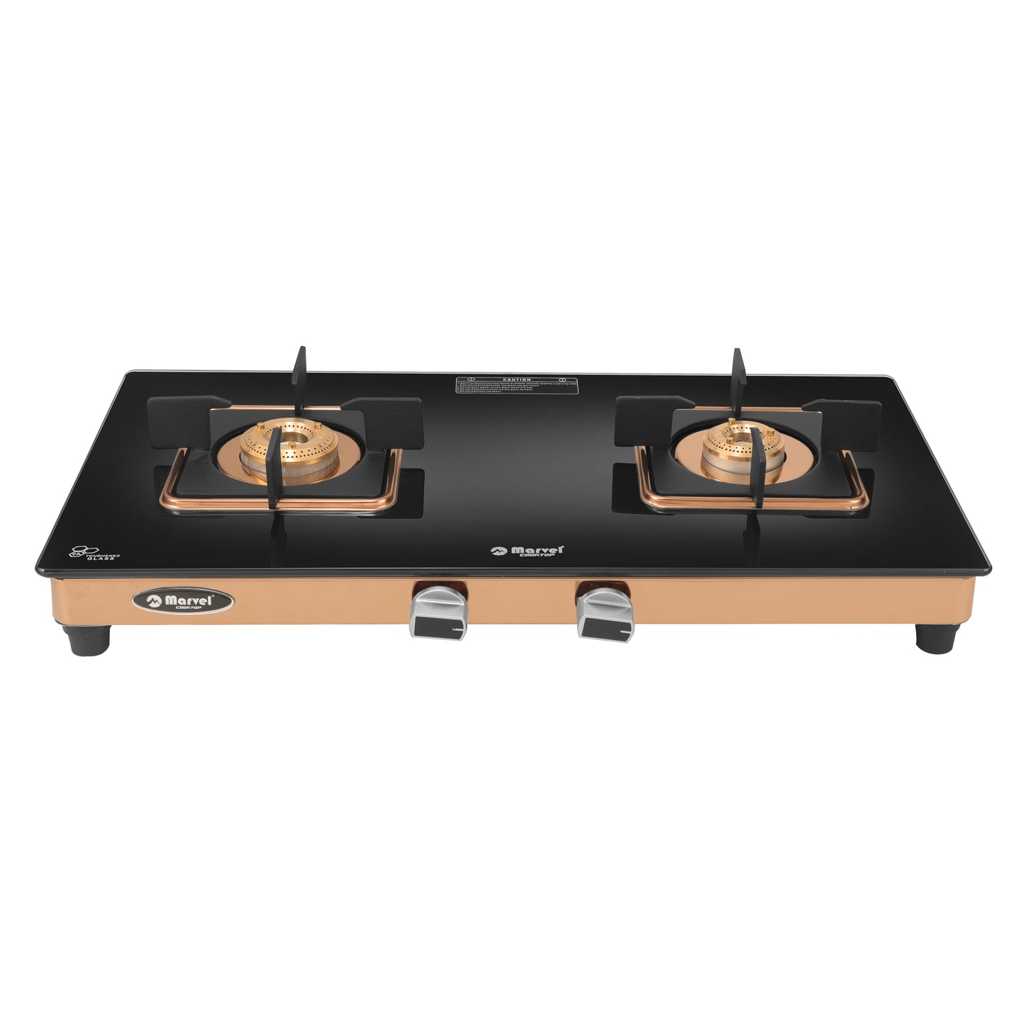 Cooktop Marvel – 2 Burner Crystal Black Glass Gas Stove with Rose Gold SS Mirror Finish Frame, Square Pan Support, Brass Top (DOOM - 2502)