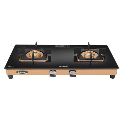 Cooktop Marvel – 2 Burner Crystal Black Glass Gas Stove with Rose Gold SS Mirror Finish Frame, Square Pan Support, Brass Top (DOOM - 2502)