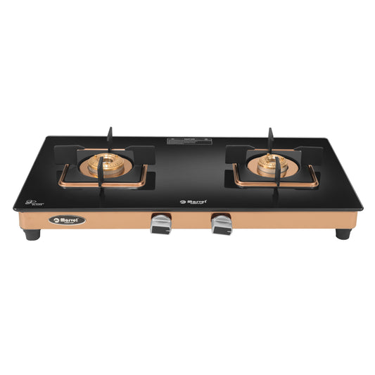 Cooktop Marvel – 2 Burner Crystal Black Glass Gas Stove with Rose Gold SS Mirror Finish Frame, Square Pan Support, Brass Top (DOOM - 2502)