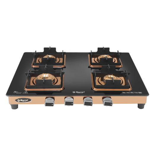 Cooktop Marvel – 4 Burner Premium Gas Stove | Crystal Black Glass, Rose Gold SS Mirror Frame, Square Pan Support | Brass Top, Manual Ignition, LPG Compatible (DOOM – 4502)