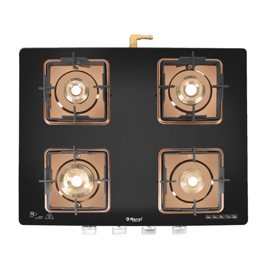 Cooktop Marvel – 4 Burner Premium Gas Stove | Crystal Black Glass, Rose Gold SS Mirror Frame, Square Pan Support | Brass Top, Manual Ignition, LPG Compatible (DOOM – 4502)