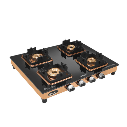Cooktop Marvel – 4 Burner Premium Gas Stove | Crystal Black Glass, Rose Gold SS Mirror Frame, Square Pan Support | Brass Top, Manual Ignition, LPG Compatible (DOOM – 4502)