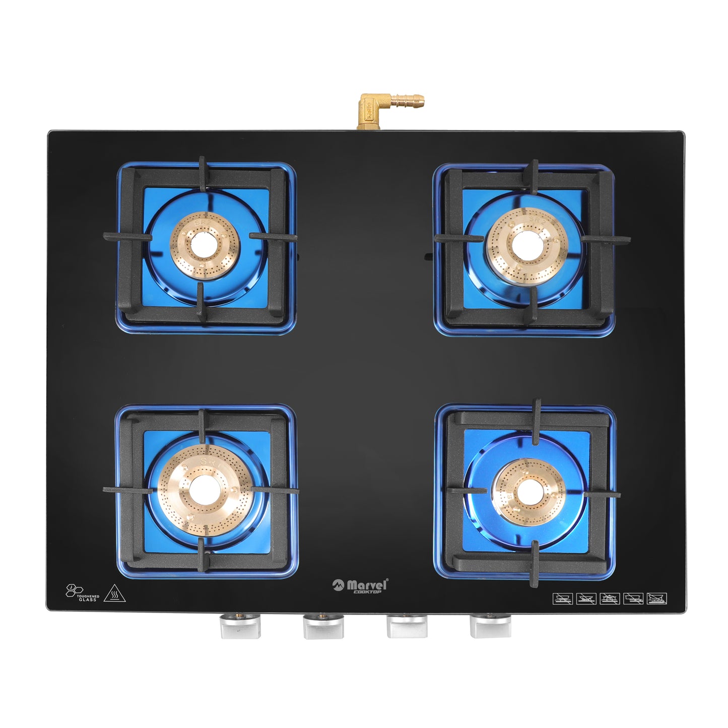 Cooktop Marvel – 4 Burner Premium Glass Gas Stove | Crystal Black Glass, Blue SS Mirror Frame, Square Pan Support | Brass Top, Manual Ignition, LPG Compatible (DOOM – 4502)