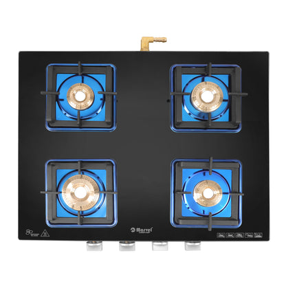 Cooktop Marvel – 4 Burner Premium Glass Gas Stove | Crystal Black Glass, Blue SS Mirror Frame, Square Pan Support | Brass Top, Manual Ignition, LPG Compatible (DOOM – 4502)