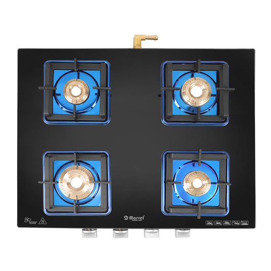 Cooktop Marvel – 4 Burner Premium Glass Gas Stove | Crystal Black Glass, Blue SS Mirror Frame, Square Pan Support | Brass Top, Manual Ignition, LPG Compatible (DOOM – 4502)