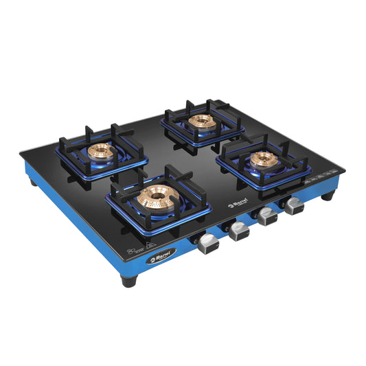 Cooktop Marvel – 4 Burner Premium Glass Gas Stove | Crystal Black Glass, Blue SS Mirror Frame, Square Pan Support | Brass Top, Manual Ignition, LPG Compatible (DOOM – 4502)