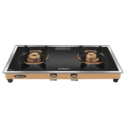 Cooktop Marvel – 2 Burner Side Mirror Glass Gas Stove with Rose Gold SS Mirror Finish Frame, Round Pan Support, Brass Top (WEGO - 2501)
