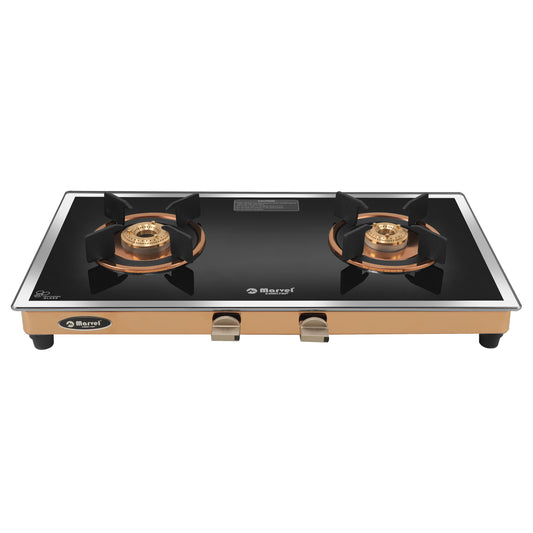 Cooktop Marvel – 2 Burner Side Mirror Glass Gas Stove with Rose Gold SS Mirror Finish Frame, Round Pan Support, Brass Top (WEGO - 2501)