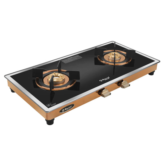 Cooktop Marvel – 2 Burner Side Mirror Glass Gas Stove with Rose Gold SS Mirror Finish Frame, Round Pan Support, Brass Top (WEGO - 2501)