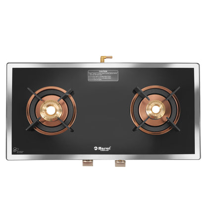 Cooktop Marvel – 2 Burner Side Mirror Glass Gas Stove with Rose Gold SS Mirror Finish Frame, Round Pan Support, Brass Top (WEGO - 2501)