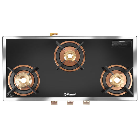 Cooktop Marvel – 3 Burner Premium LPG Gas Stove | Side Mirror Glass, Rose Gold SS Mirror Frame, Round Pan Support | Brass Top (WEGO – 3501)