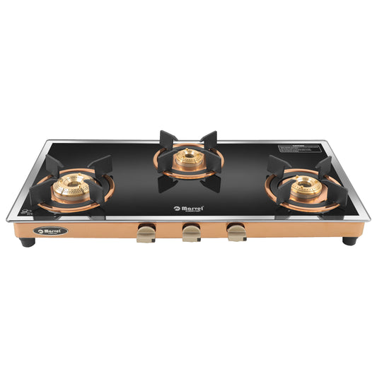 Cooktop Marvel – 3 Burner Premium LPG Gas Stove | Side Mirror Glass, Rose Gold SS Mirror Frame, Round Pan Support | Brass Top (WEGO – 3501)