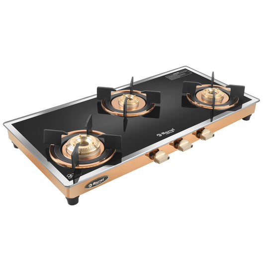 Cooktop Marvel – 3 Burner Premium LPG Gas Stove | Side Mirror Glass, Rose Gold SS Mirror Frame, Round Pan Support | Brass Top (WEGO – 3501)