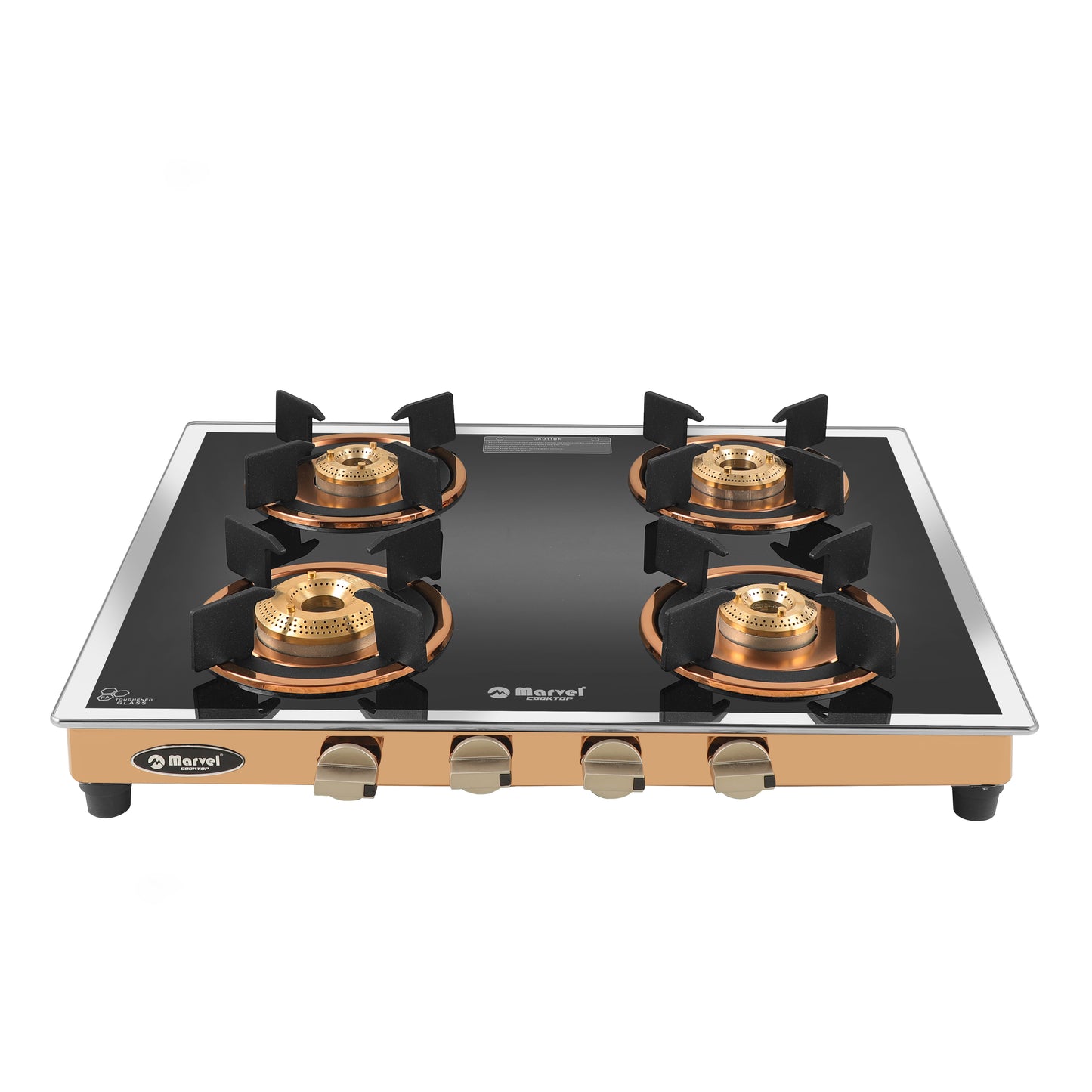 Cooktop Marvel – 4 Burner Premium Glass Gas Stove | Side Mirror Glass, Rose Gold SS Mirror Frame, Round Pan Support | Brass Top, Manual Ignition, LPG Compatible (WEGO – 4501)