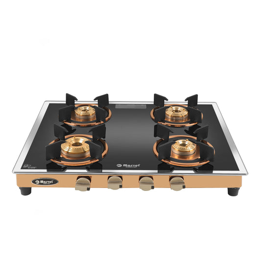 Cooktop Marvel – 4 Burner Premium Glass Gas Stove | Side Mirror Glass, Rose Gold SS Mirror Frame, Round Pan Support | Brass Top, Manual Ignition, LPG Compatible (WEGO – 4501)