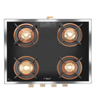 Cooktop Marvel – 4 Burner Premium Glass Gas Stove | Side Mirror Glass, Rose Gold SS Mirror Frame, Round Pan Support | Brass Top, Manual Ignition, LPG Compatible (WEGO – 4501)