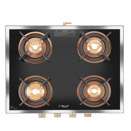 Cooktop Marvel – 4 Burner Premium Glass Gas Stove | Side Mirror Glass, Rose Gold SS Mirror Frame, Round Pan Support | Brass Top, Manual Ignition, LPG Compatible (WEGO – 4501)