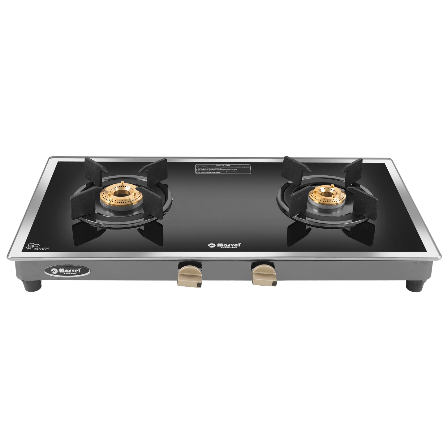 Cooktop Marvel – 2 Burner Side Mirror Glass Gas Stove with Black SS Mirror Finish Frame, Round Pan Support, Brass Top (WEGO - 2501)