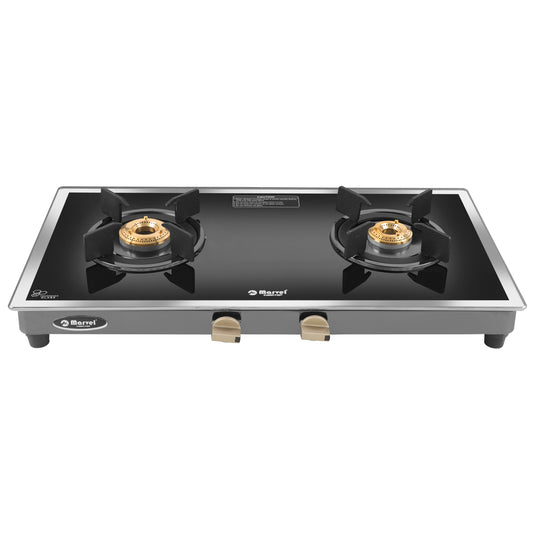 Cooktop Marvel – 2 Burner Side Mirror Glass Gas Stove with Black SS Mirror Finish Frame, Round Pan Support, Brass Top (WEGO - 2501)