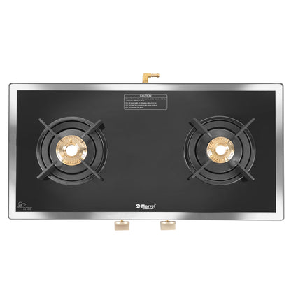 Cooktop Marvel – 2 Burner Side Mirror Glass Gas Stove with Black SS Mirror Finish Frame, Round Pan Support, Brass Top (WEGO - 2501)